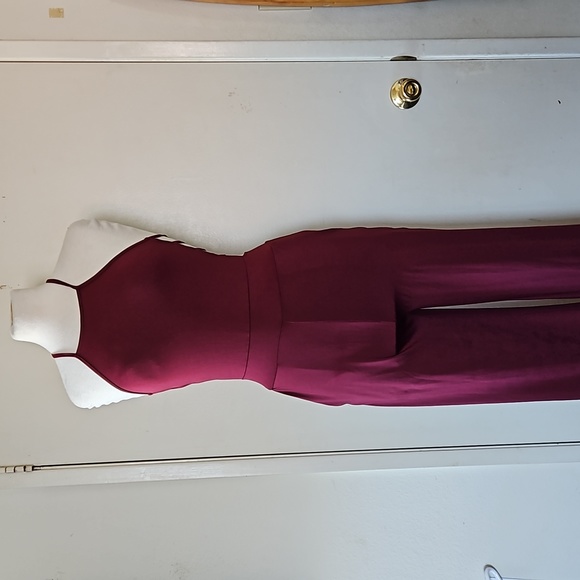 CBR Burgundy Halter Cut Out Jumpsuit Wide Straight Leg With Pockets Size Small - Picture 3 of 14